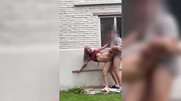 Skinny neighbor gets hot and I have to split her pussy open outdoors