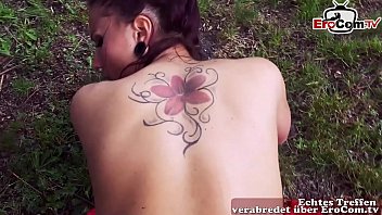German busty amateur slut brunette at outdoor user meeting POV