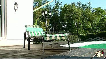Sun-drenched poolside bench begs for a girl’s fingers and a wet, wild cowgirl ride.