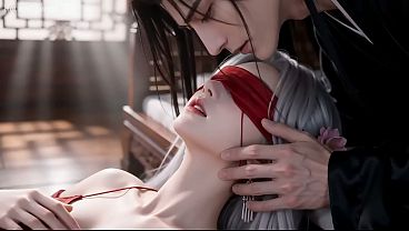 Snow-skinned Beauty In Crimson, Silver-haired Allure—a Digital Fantasy Unfolds.